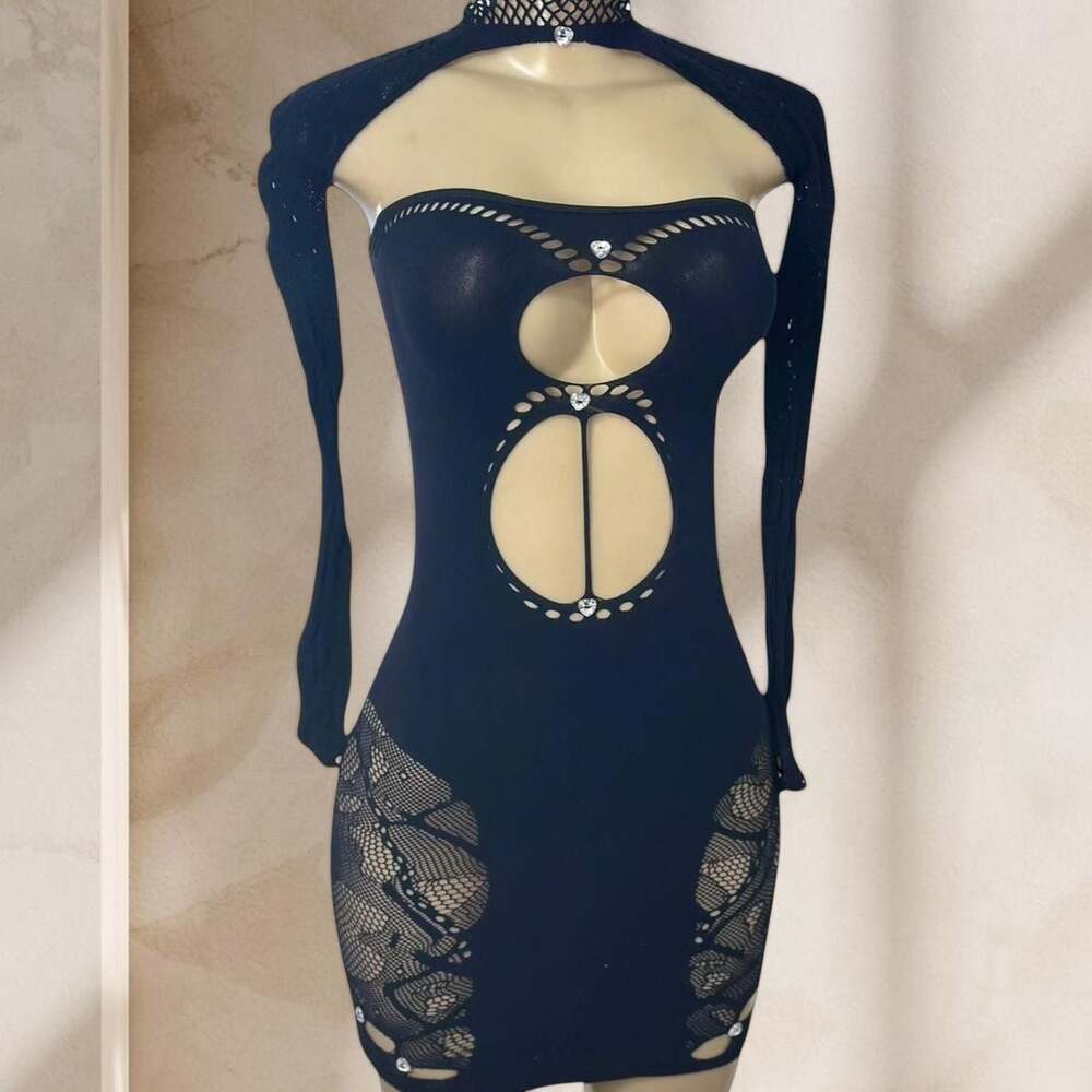 Black Cutout Mini Dress β Long Sleeve Choker Bodycon Rhinestone Detail Sexy Y2K - Picture 2 of 4